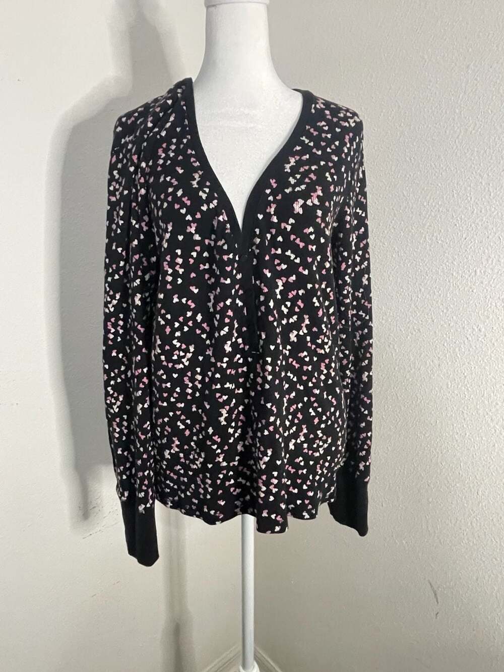 Victoria's Secret Women's Thermal Henley Shirt with Pink and White Hearts, L